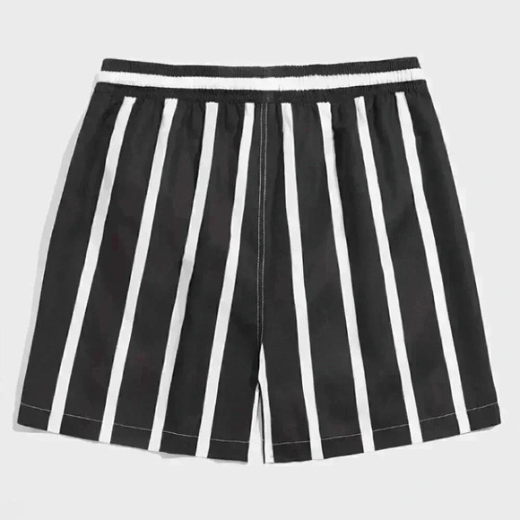 Black Vacation Style Striped Men's Swim Trunks - Picture 2 of 6